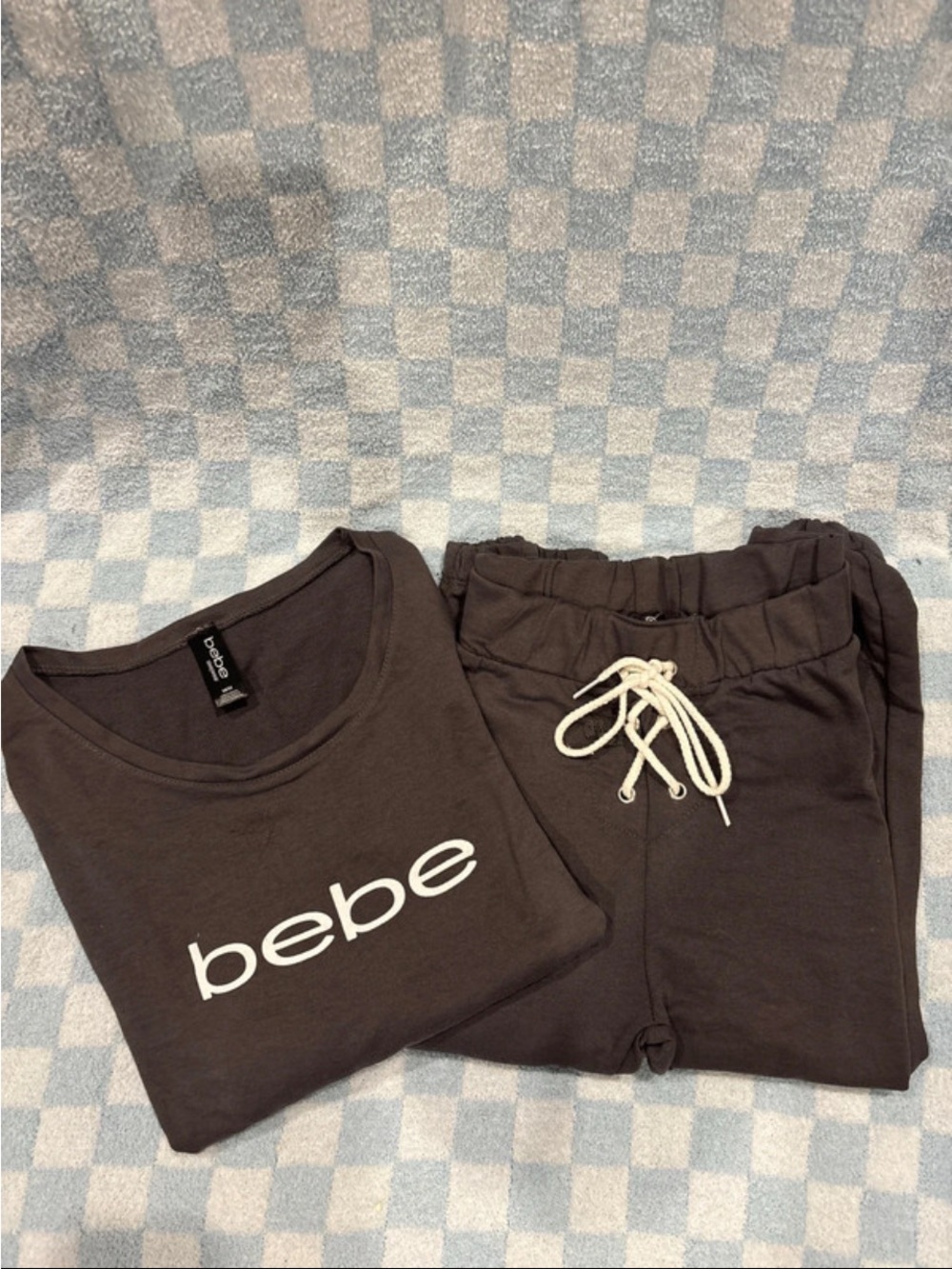 bebe Charcoal Gray Logo Lounge Set with White Drawstrings